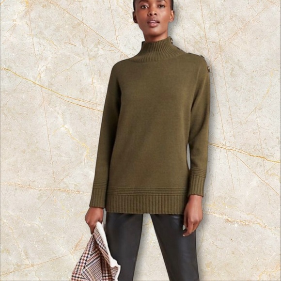 By Anthropologie ‘Margarita’ Button-Up Shoulder Tunic Sweater in Olive Green XS - Picture 1 of 16